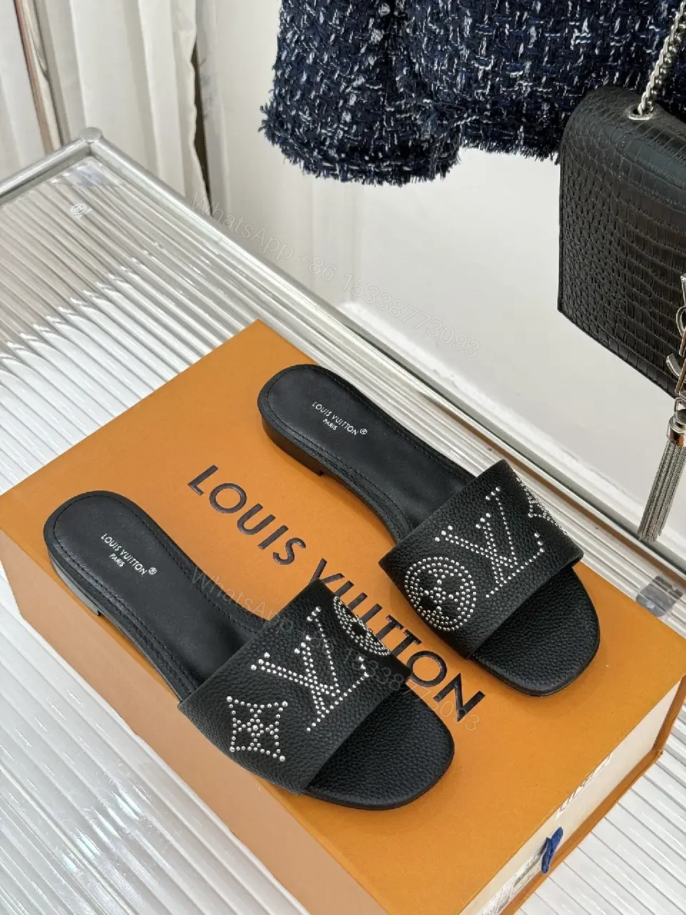 Chic Leather Slide with Crystal Monogram Comfort Slips — view 1