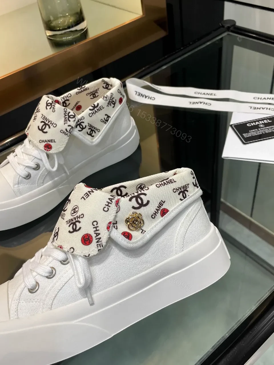 View 5 of White + Leather + High-Top + Signature Cuff Print + Sneakers