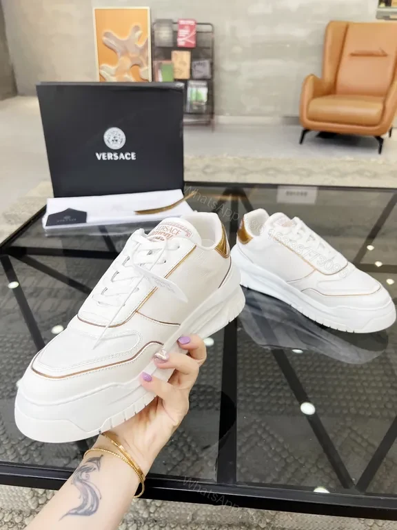 View 4 of White Leather Luxe Sneaker with Gold Accents, Versace-Inspired