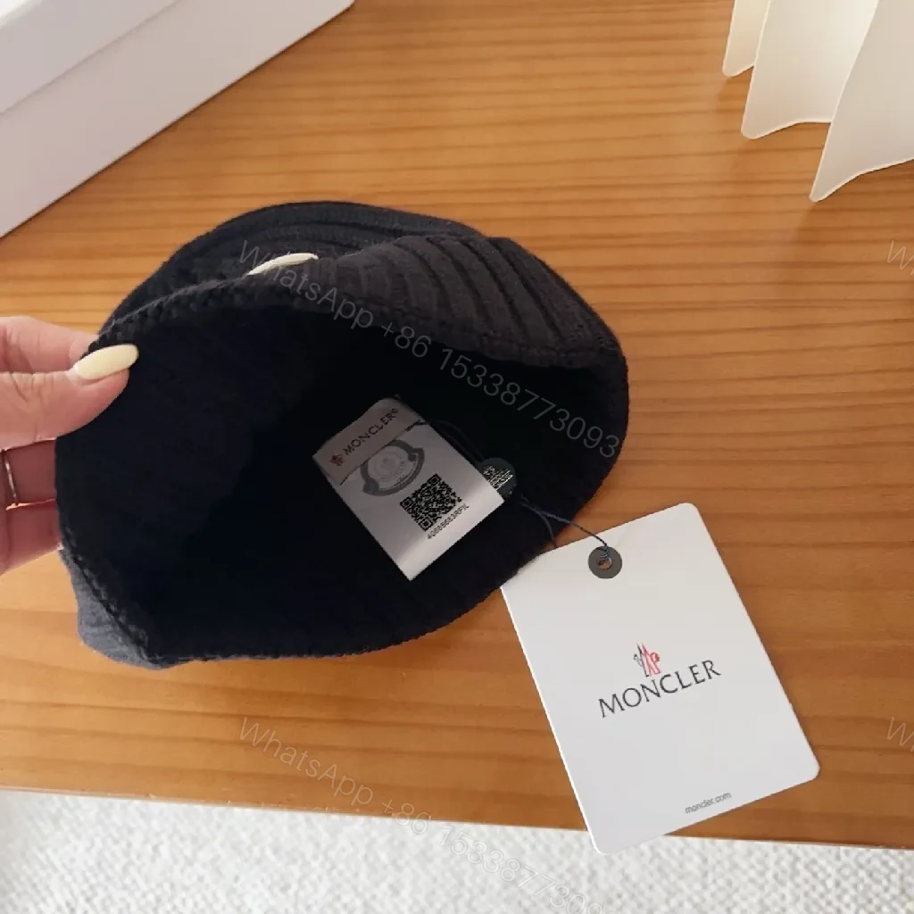View 4 of Compact Knit Beanie with Moncler Patch - Black, Ribbed Style, Warmth
