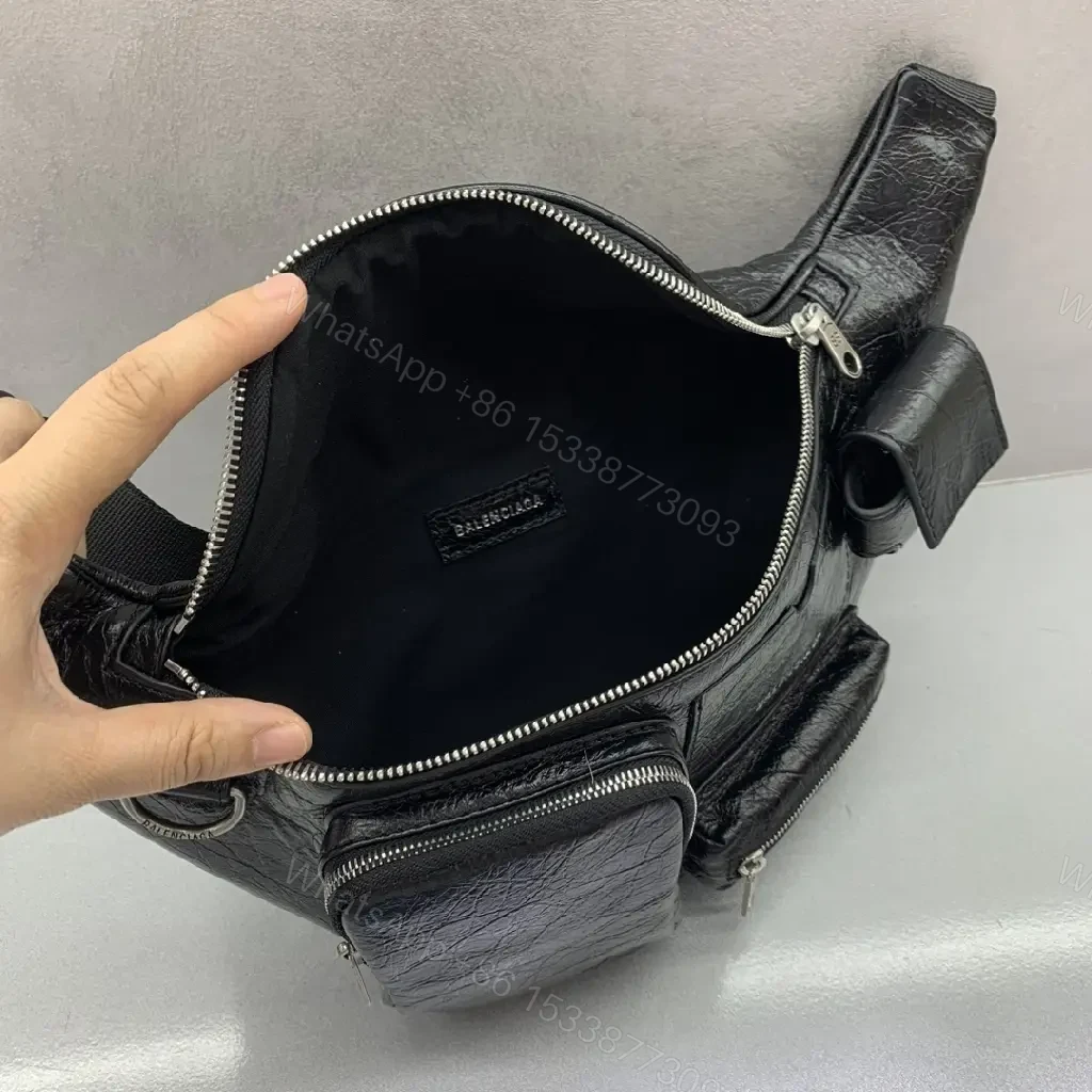 View 6 of Black Textured Leather Belt Bag — Minimalist, Multi-Pocket Utility