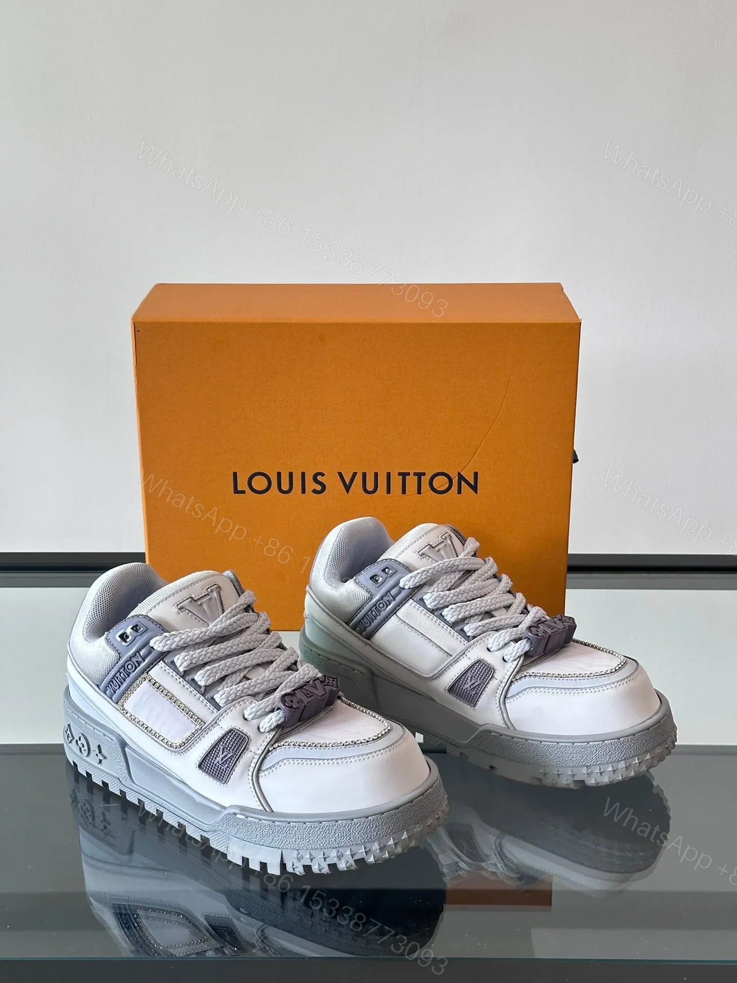 View 5 of LV Men White Leather Gray Accents Sneakers