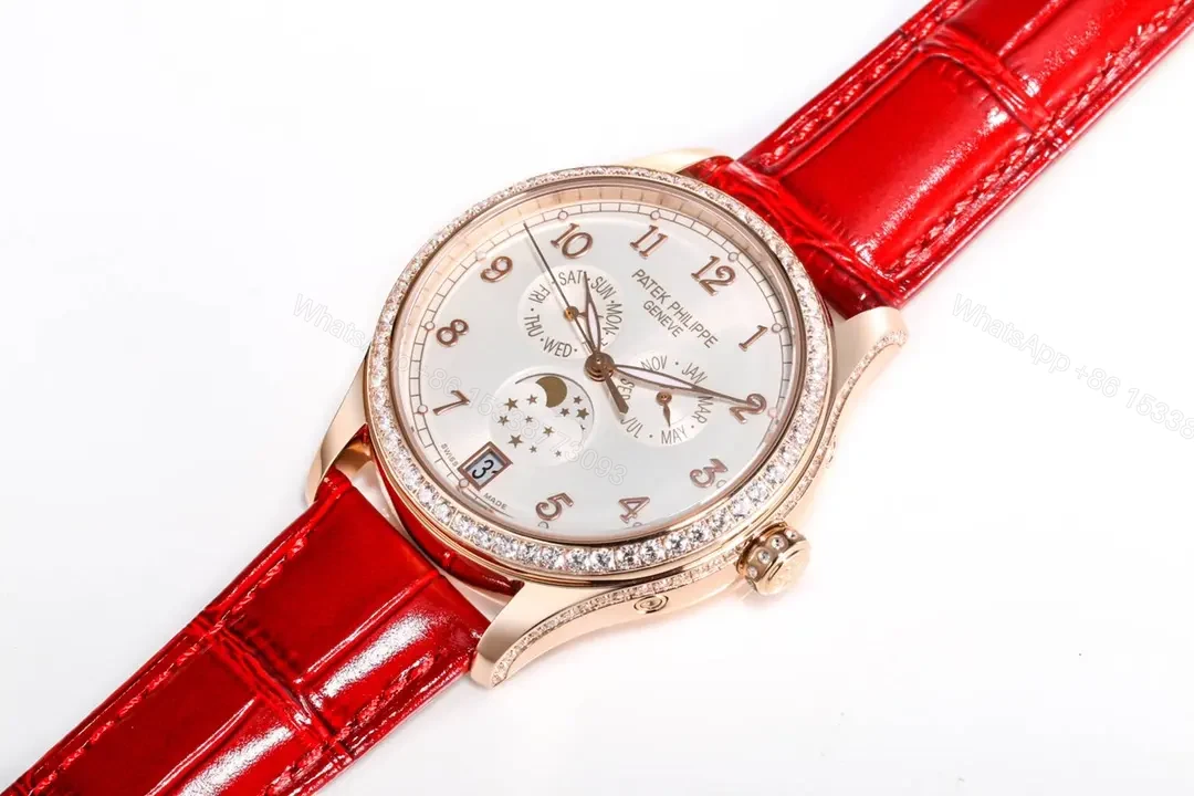 View 4 of Patek Philippe Complications Collection Annual Calendar Moon Phase Women’s Watch in Rose Gold with Diamond Set Case Red Leather Strap and Mother of Pearl Dial