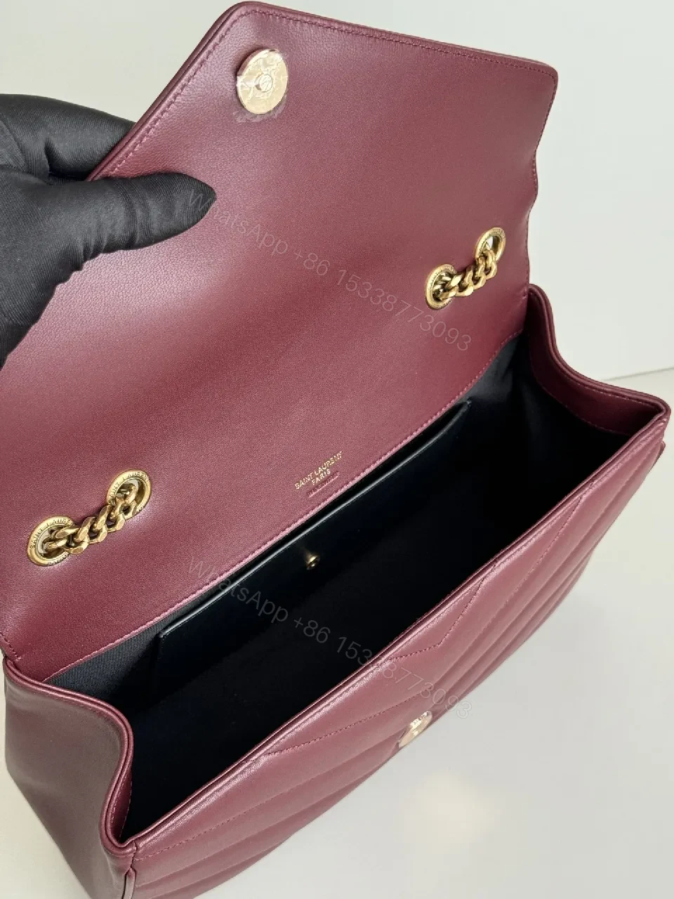 View 7 of Burgundy Quilted Leather Shoulder Bag with Gold Hardware