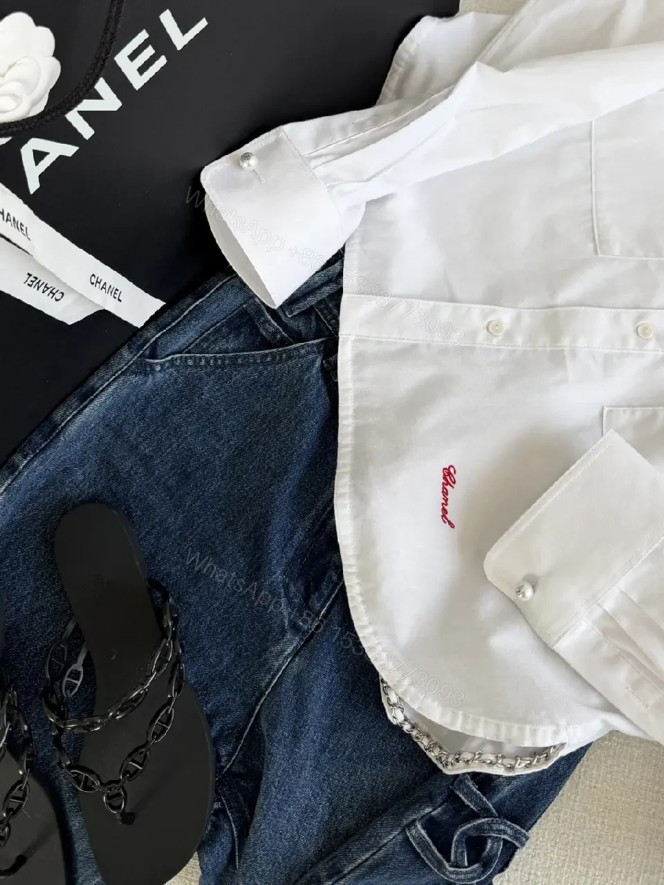 View 9 of White Cotton Shirt Cropped Style with Red Embroidered Chanel Lettering Shirt