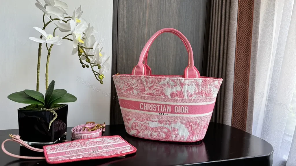 View 4 of Bold Pink Toile Dior Tote & Clutch Set
