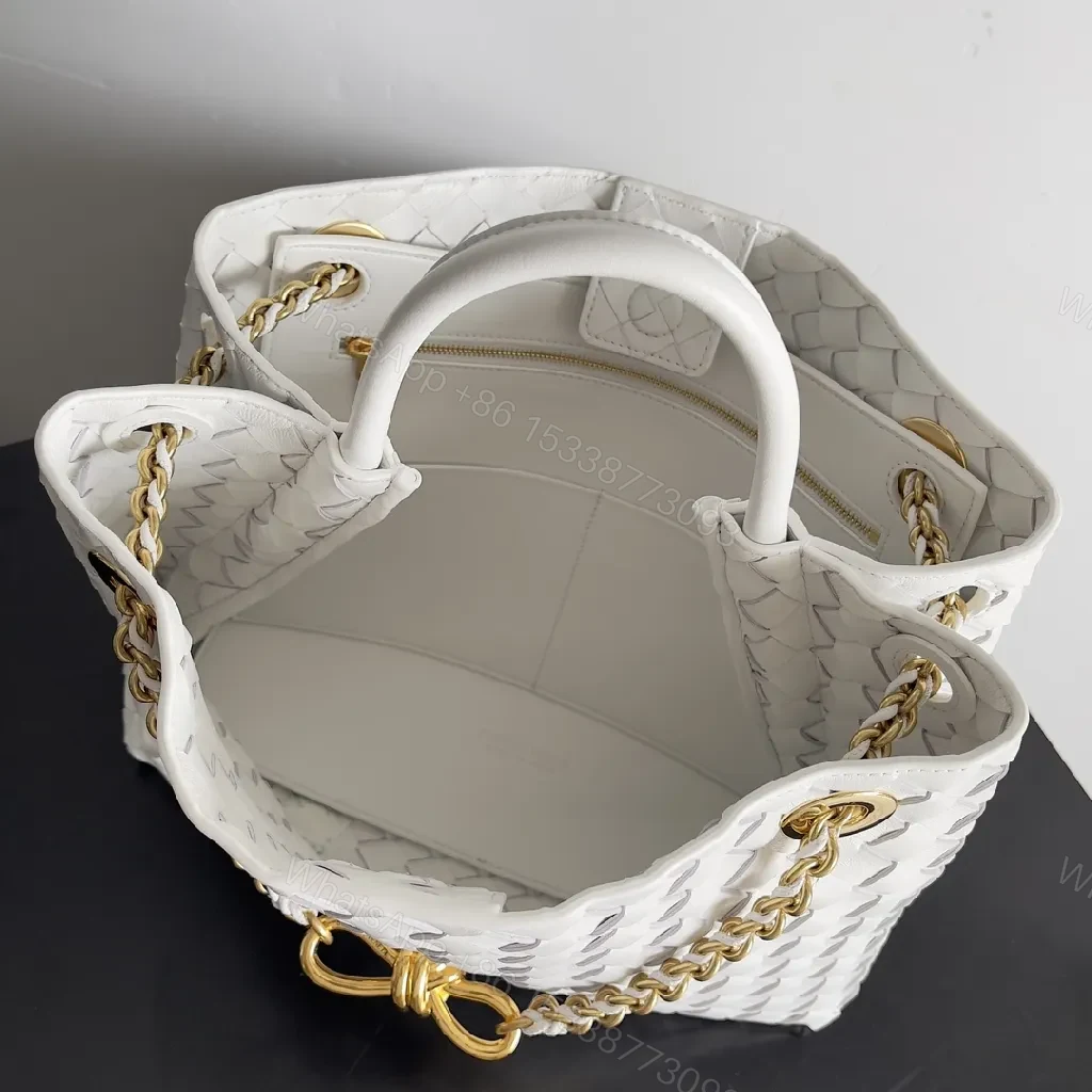 View 7 of White Faux Leather Tote with Gold Chain Accent, Woven Style Bag