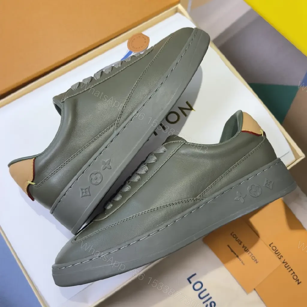 View 2 of Green Leather Sneaker, Platform Sole, Louis Vuitton Style, Monogram Accents, Casual Shoes
