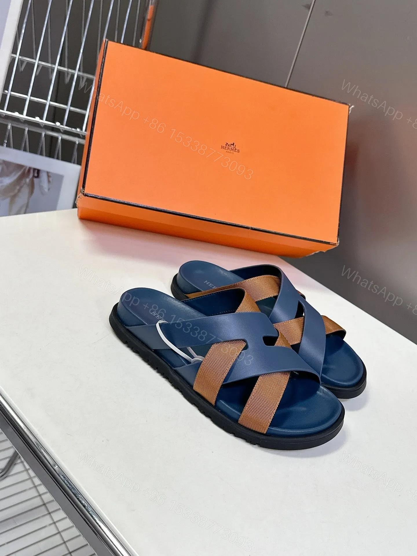 View 3 of Hermes Women Navy Blue Leather And Brown Sandals