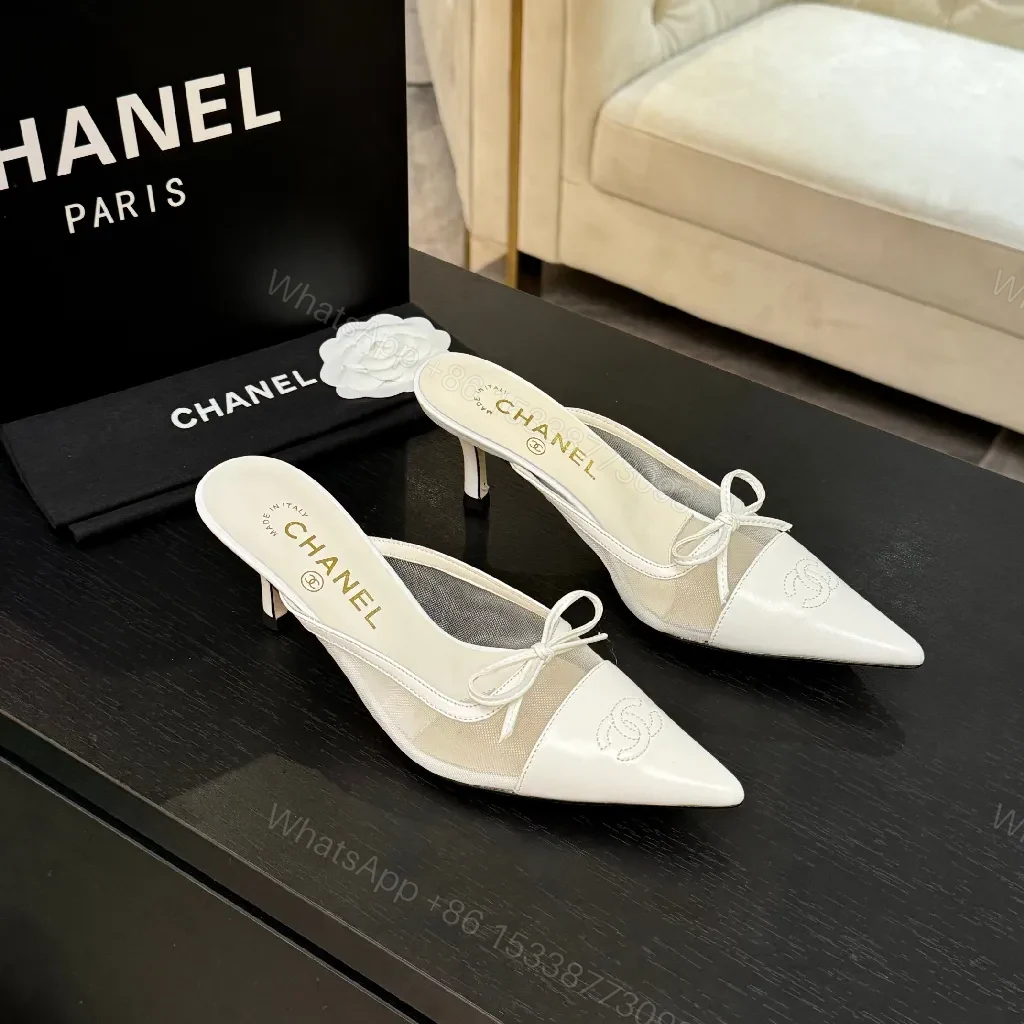 White Leather Slingback Heels with Satin Mesh Inset, Pointed Toe, Kitten Heel — view 1