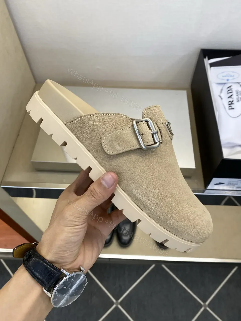 View 6 of Beige Suede Leather Prada Logo Mule Slippers