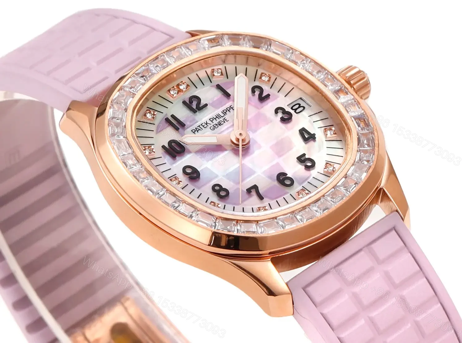 View 4 of Patek Philippe Aquanaut Mechanical Women’s Watch Pink Rubber Strap Rose Gold Case Diamond Bezel