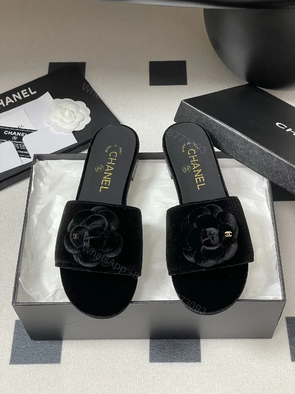 View 4 of Velvet Rose Slide Sandals: Luxury Comfort, Black, Open-Toe