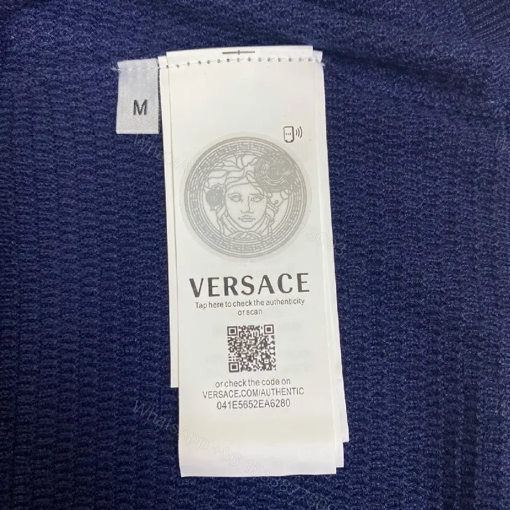 View 7 of Navy Knit Polo: V-Neck, Textured Grid, Pocket Detail, Versace Button