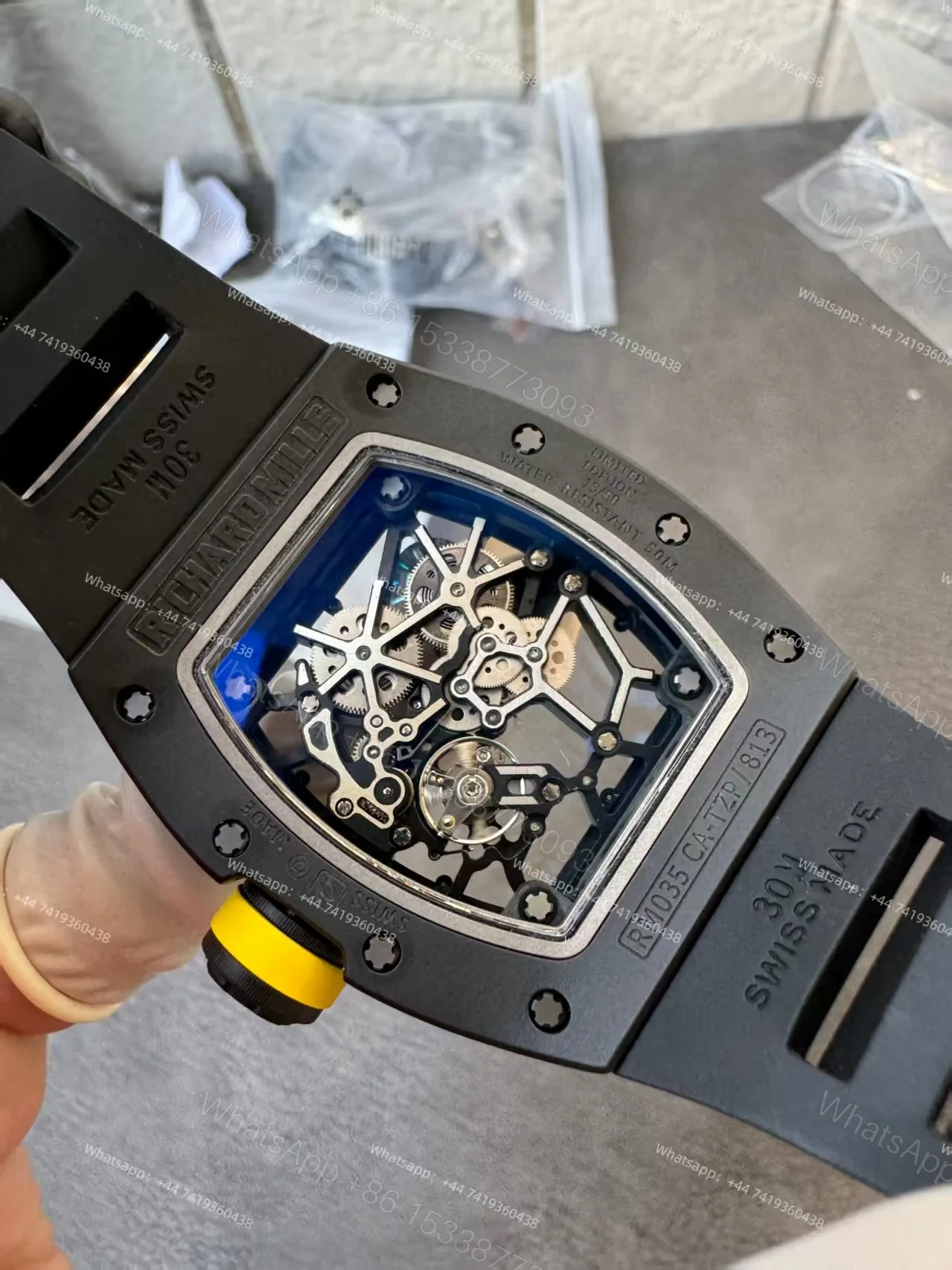 View 10 of Super Clone Richard Mille RM 035 Americas Black Ceramic Skeleton Black Rubber Strap 1:1 Replica Watch