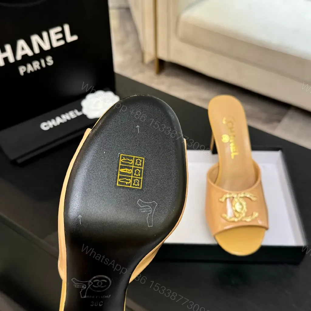 View 4 of Satin Mules: Nude-Toned, Gold-Emblem, Block Heel, Luxe Comfort