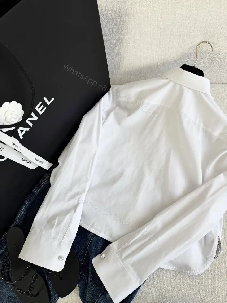 View 6 of White Cotton Shirt Cropped Style with Red Embroidered Chanel Lettering Shirt