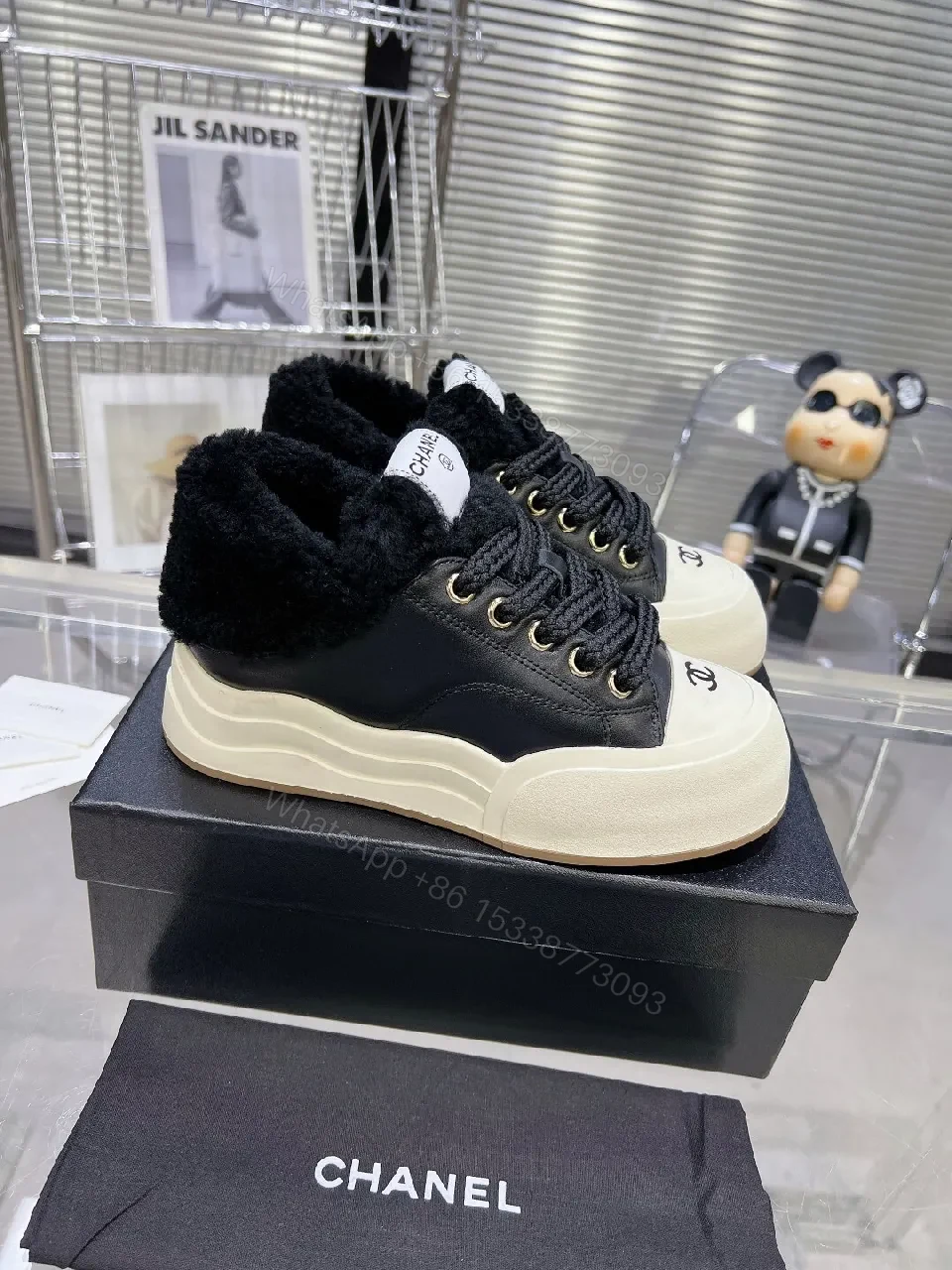 View 9 of Cream Knit-Chanel Inspired High-Tops with Plush Collar