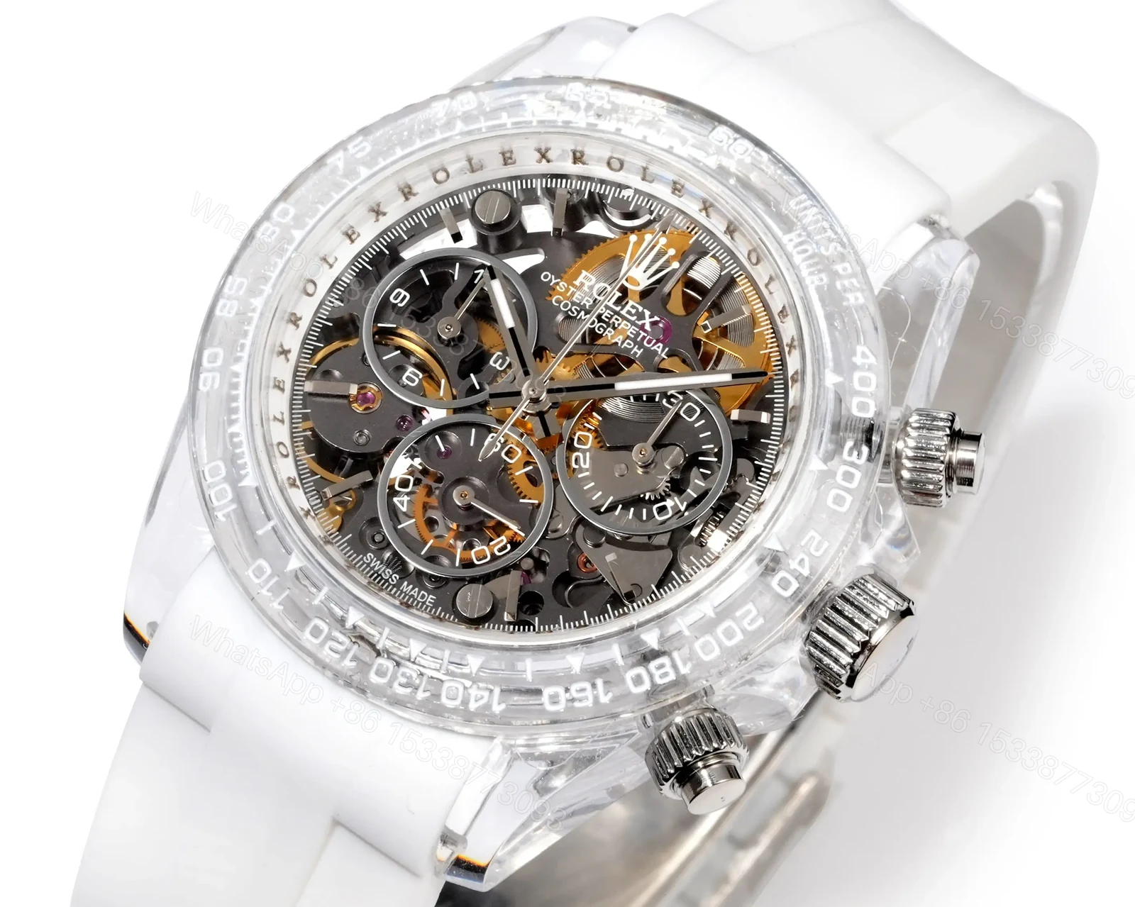 View 5 of Rolex Daytona Skeleton White Sapphire replica 40MM White Rubber Strap Edition RG-DAYTONA-SKELETON-WHITE-SAPPHIRE-RUBBER-40