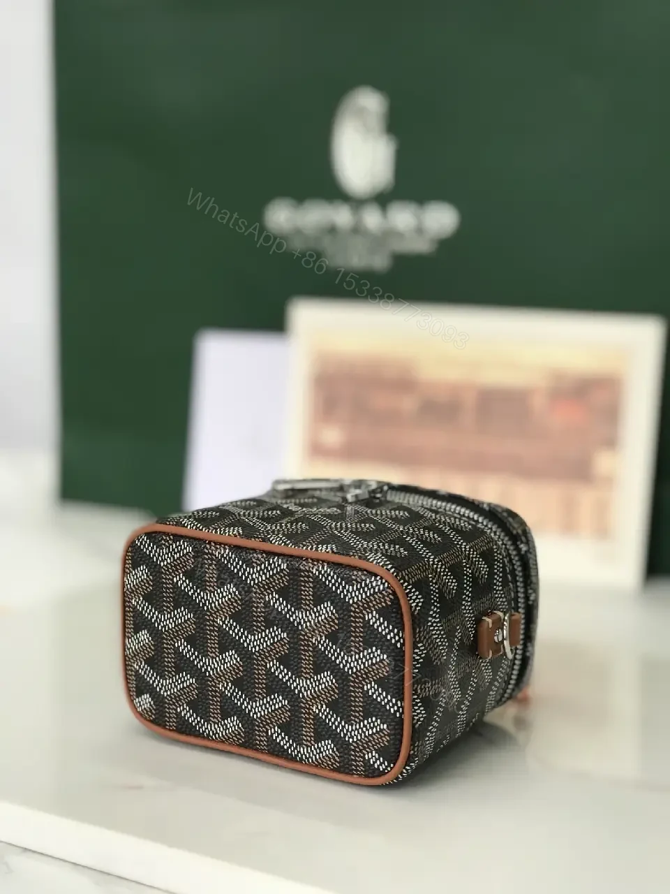 View 2 of Compact Luxury Patterned Mini Bag: Textured Canvas, Goyard Motif