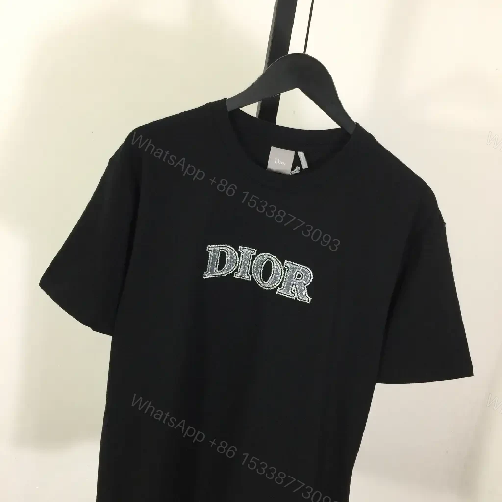 View 8 of Black Crew Neck Tee with Bold Dior Stitch Logo Short-Sleeve T-Shirt