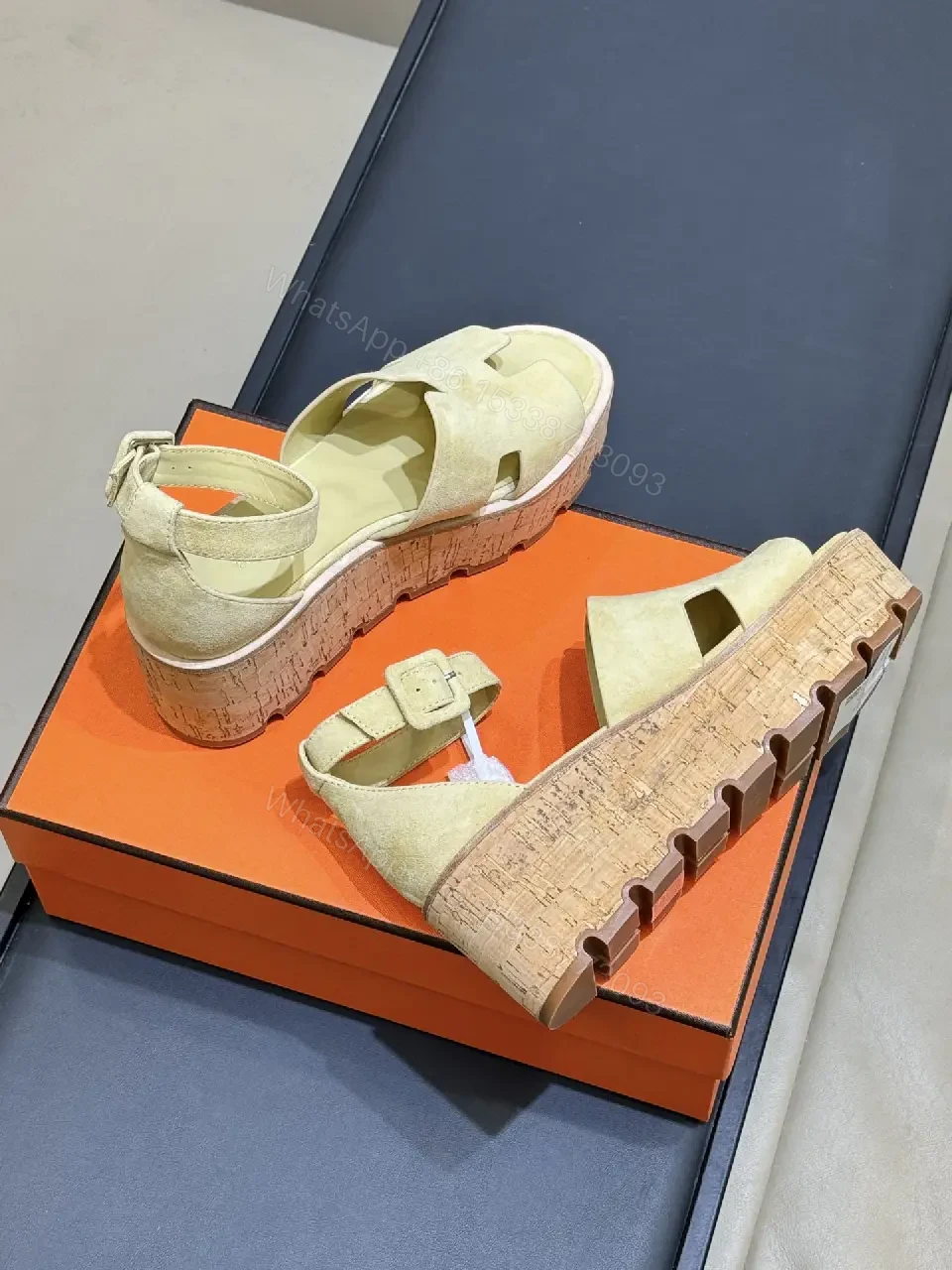 View 2 of Neutral Suede Open-Toe Sandals with Cork-Wedge Platform, Chic, All-Day Comfort
