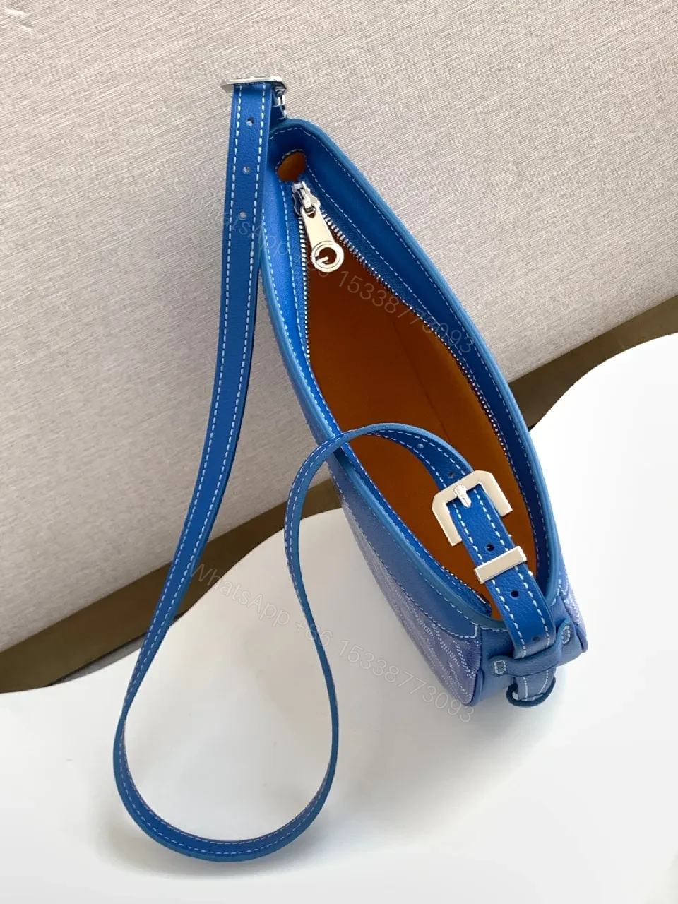 View 5 of Blue Textured Crossbody Bag in Royal Blue Leather