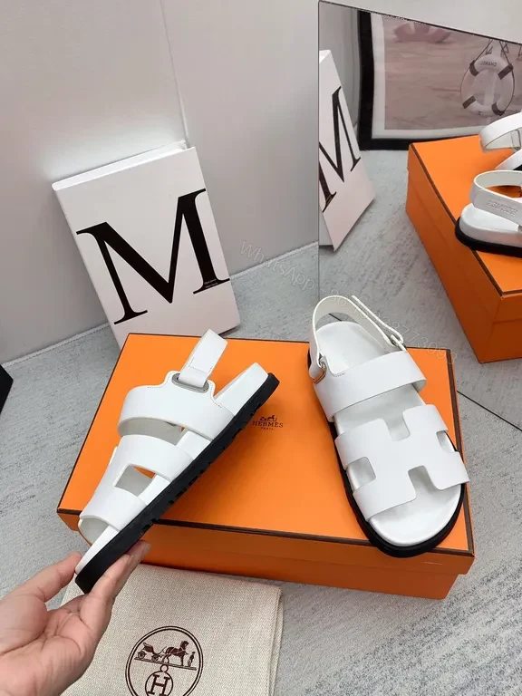 View 9 of Hermes Oran Sandals: White Calfskin, H-Detail Comfort Shoes