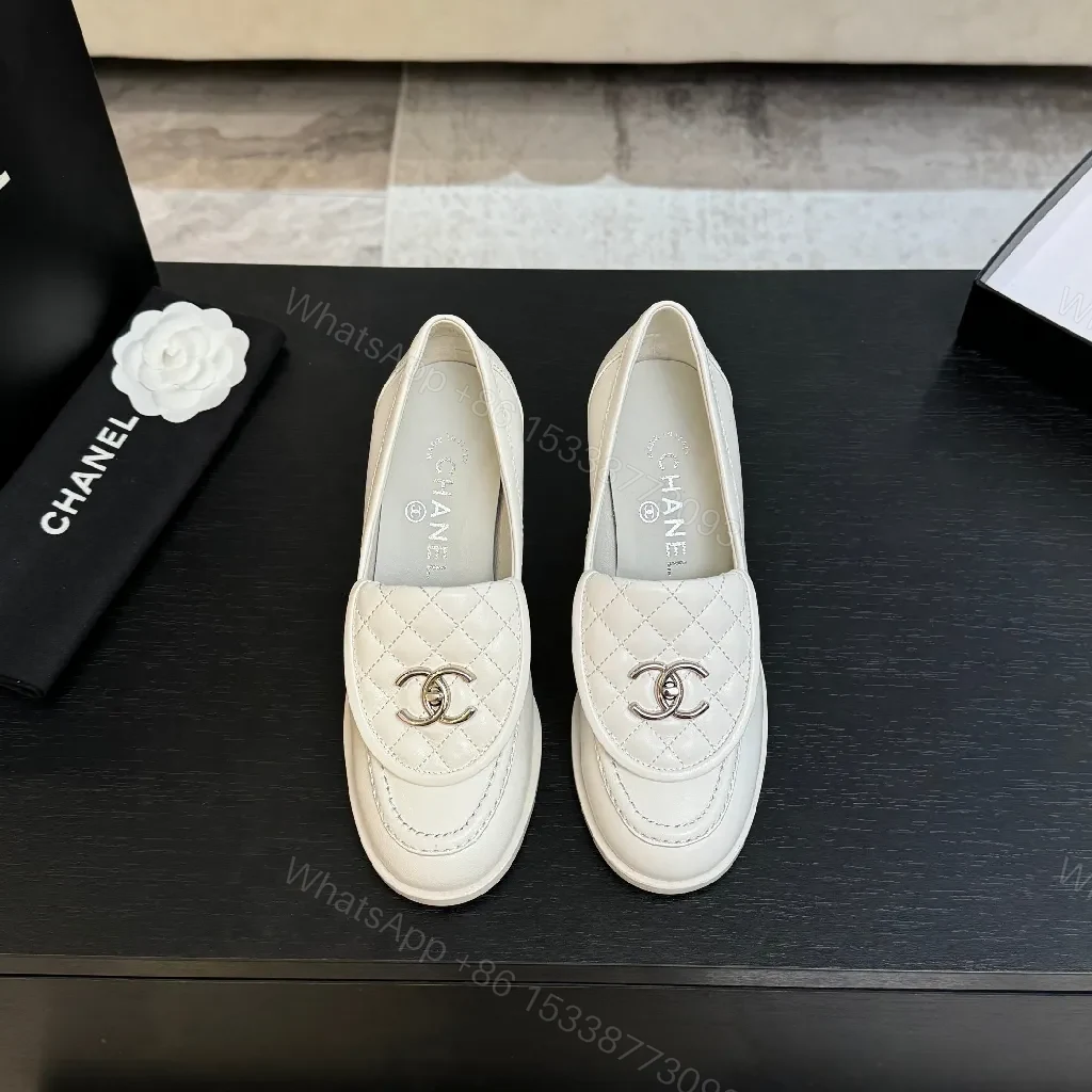 View 6 of Cream Leather Quilted Loafers with Signature Detail - Slip-On Style