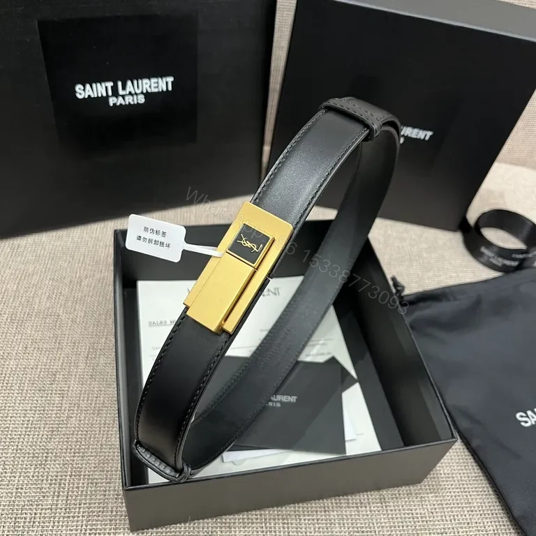 Chic Black Leather Belt with Gold YSL-Inspired Clasp — view 1
