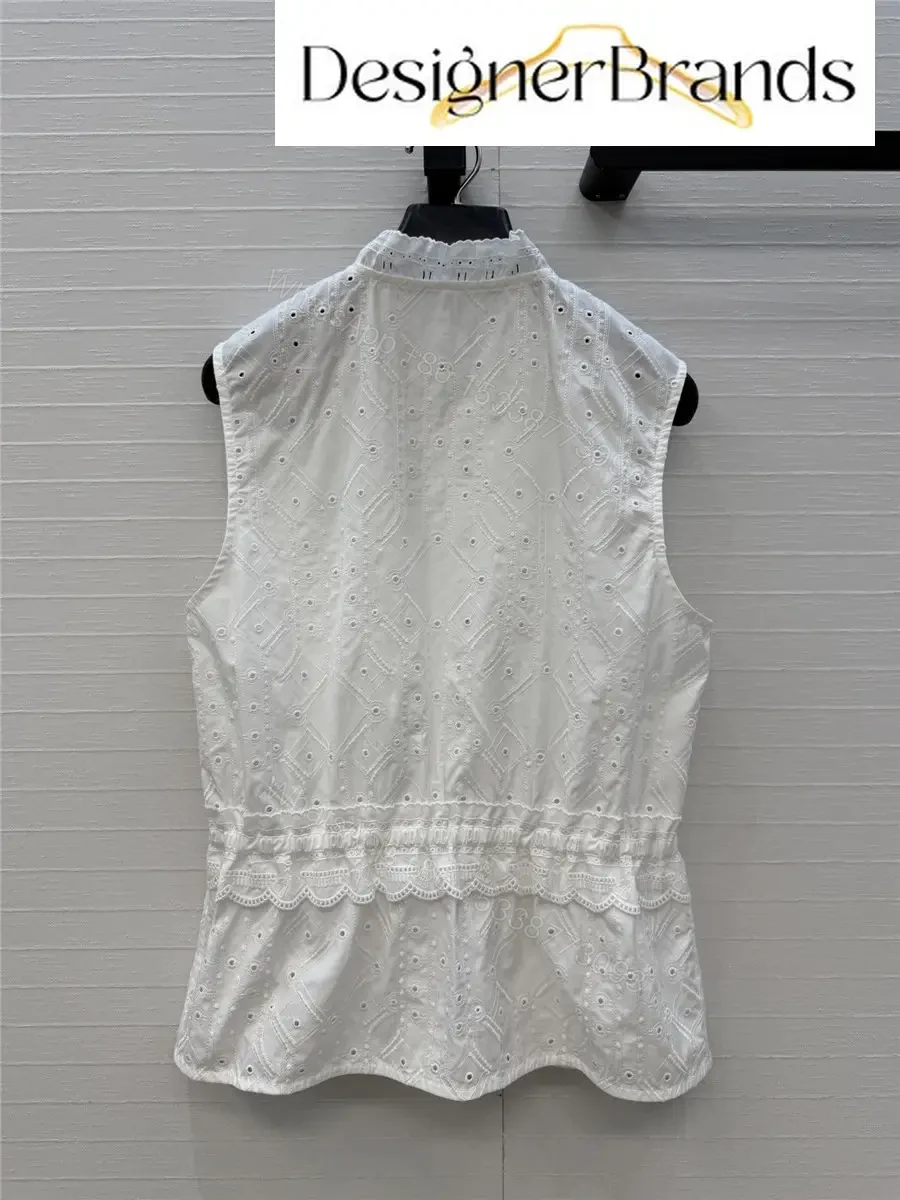View 9 of Hermes White Lace-Embroidered Sleeveless Zip-Up Top