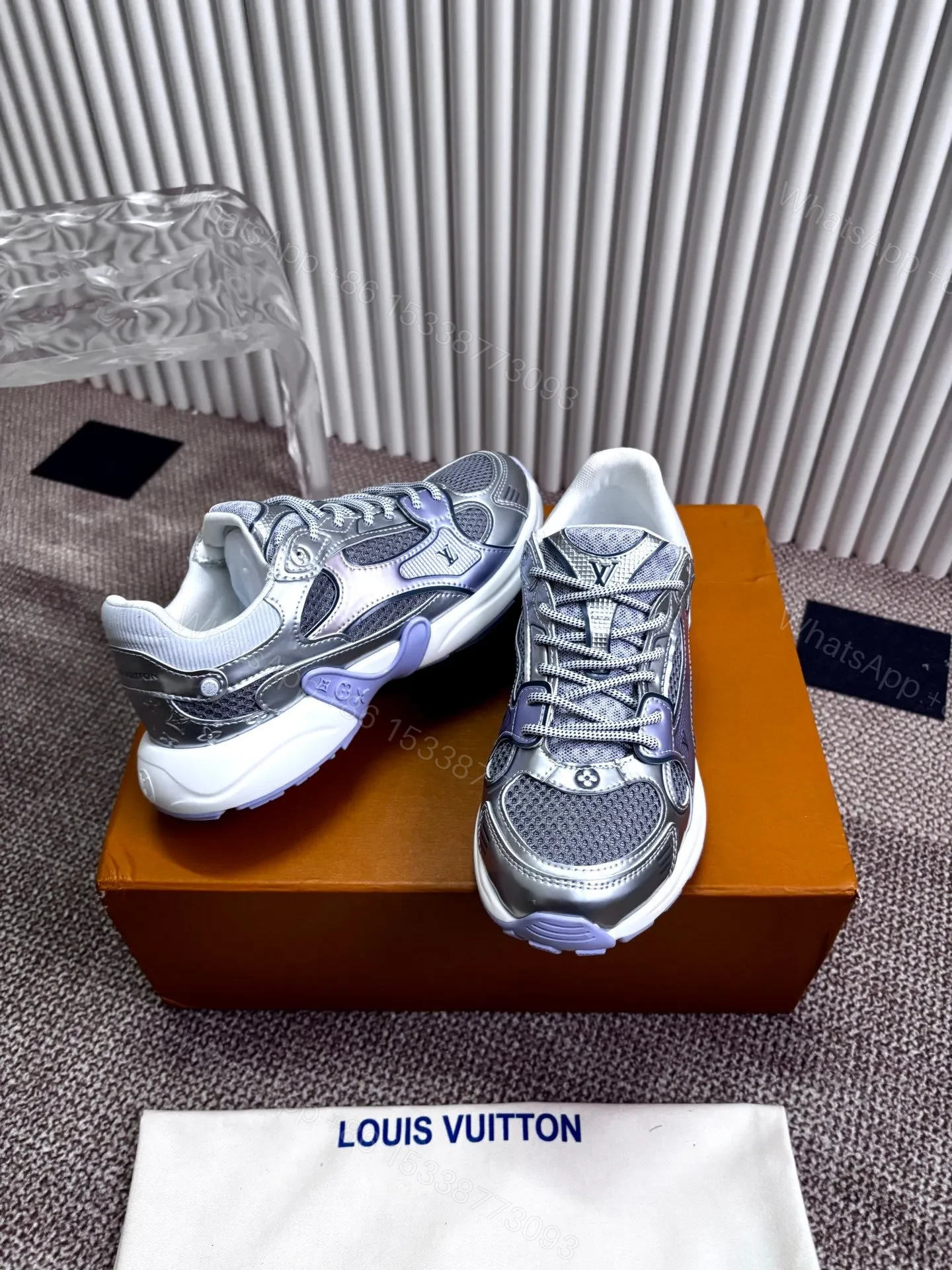 View 5 of LV Women Silver Mesh And Leather Sneakers