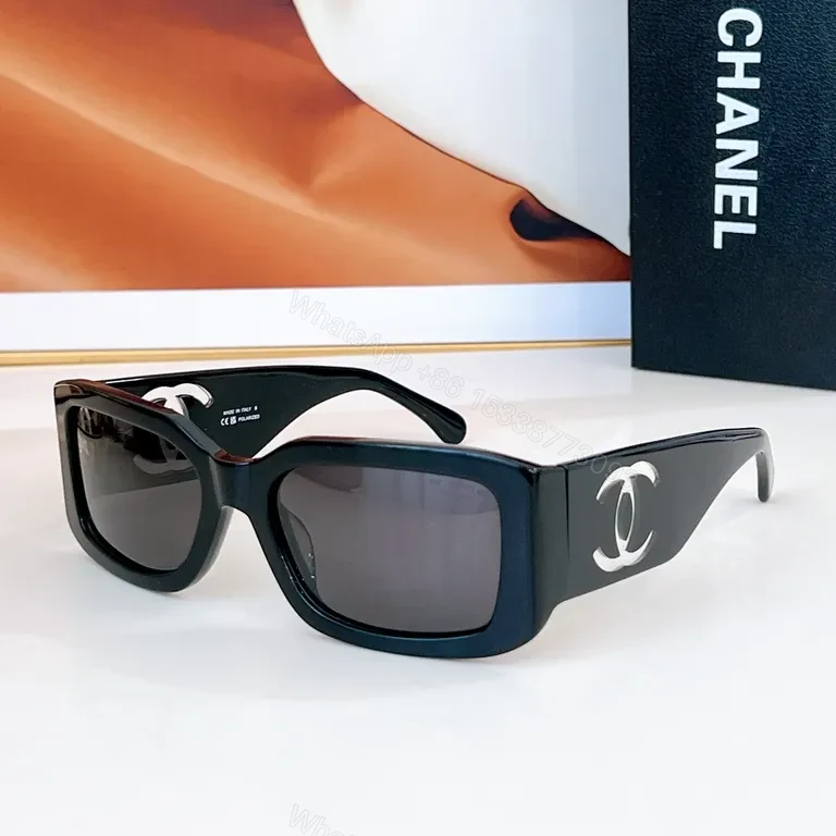 View 3 of Bold Chanel Sunglasses: Black Acetate, Wide Blocky Frames, Logoed Edge