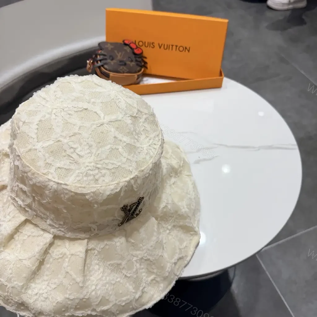 View 2 of Cream Lace Bucket Hat with Gold Accent Emblem, Ivory Crown Hat