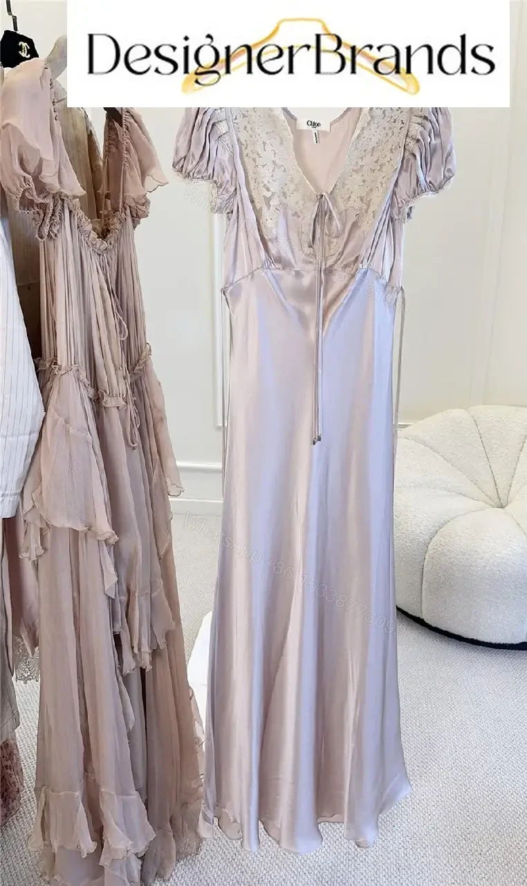 Chloe Pale Pink Silk Satin Maxi Dress with Lace Trim — view 1