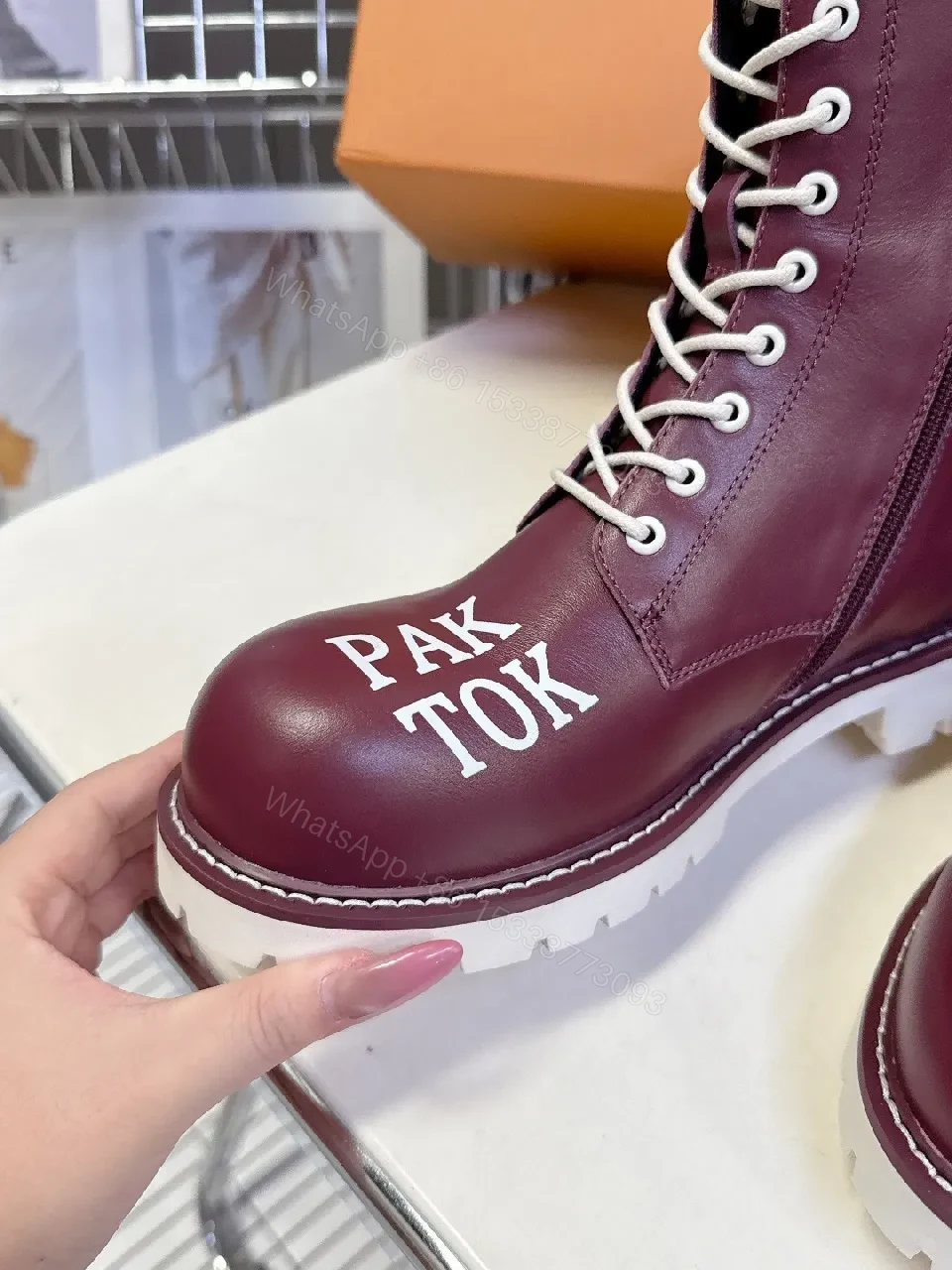 View 5 of Bold Burgundy Combat Boots with Contrast Stitching and Zipper