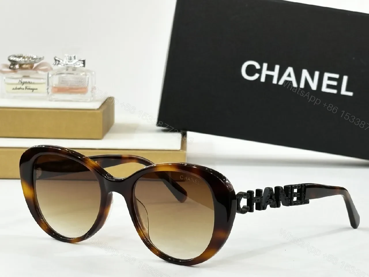View 9 of Chic Taupe-Pink Oversized Round Sunglasses with Logo Detail