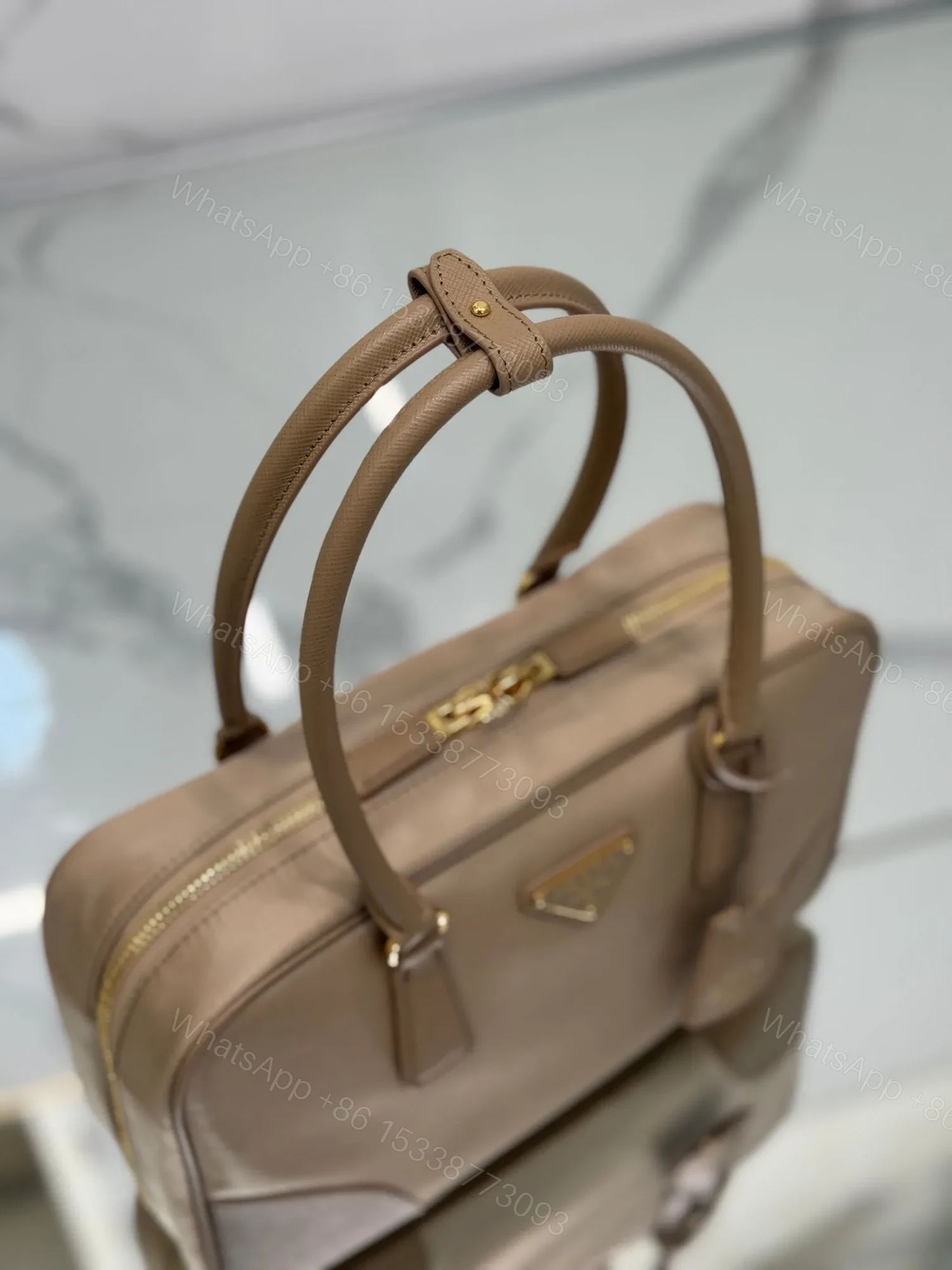 View 6 of LARGE TOP HANDLE BAG 35 IN DRIED MOSS NYLON AND CALFSKIN TRIM