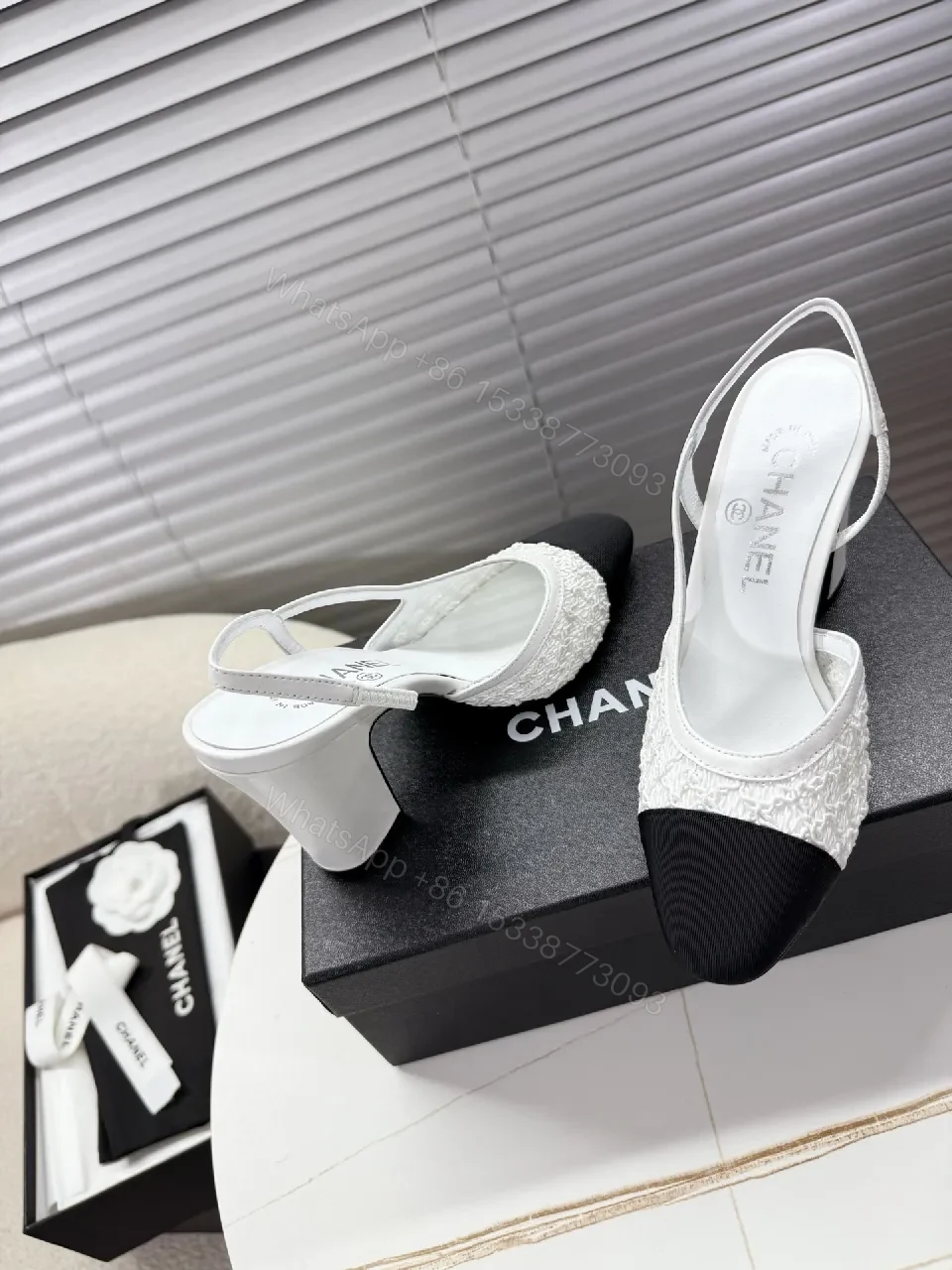 View 4 of Two-Tone Textured Slingback Pumps: Contrast Black Toe, White Body