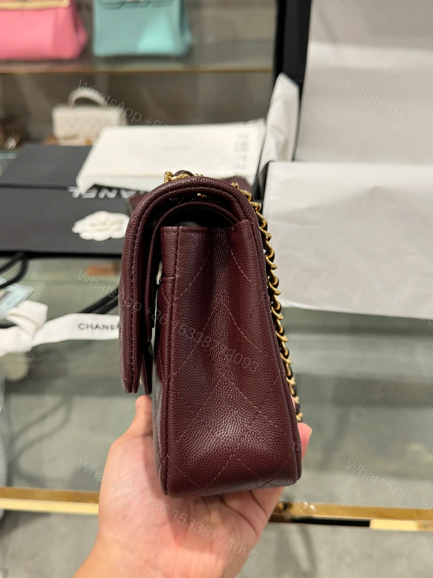 View 5 of Chanel Classic Plum Red Color Like Auth Handbags With Lock Gold 25cm