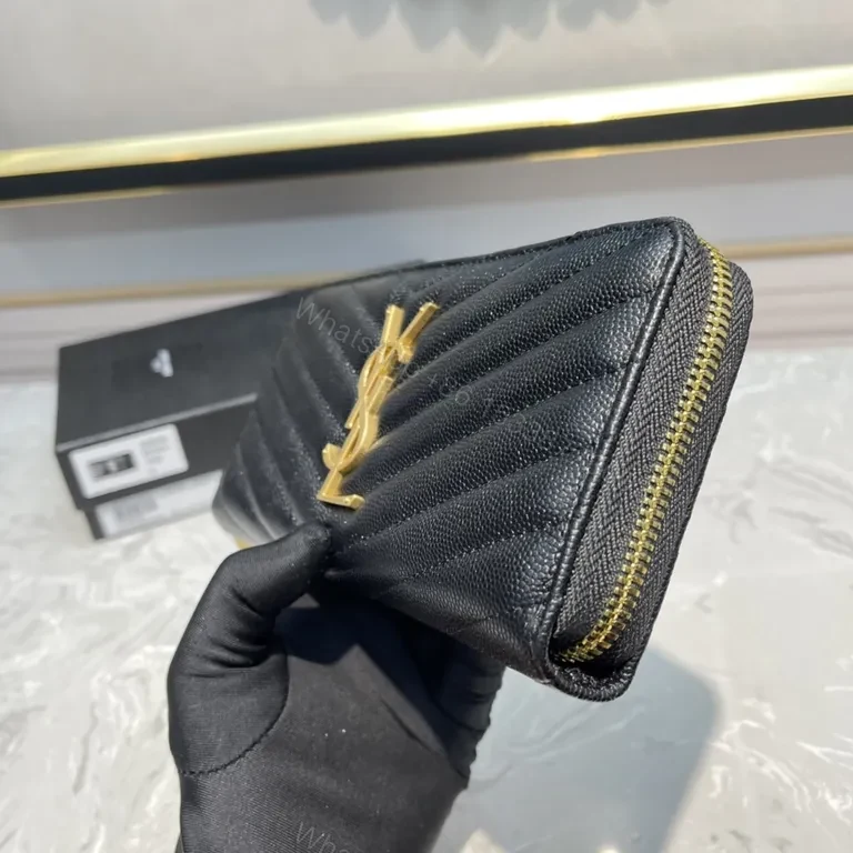 View 4 of Quilted Black Calfskin Wallet with Gold YSL Logo