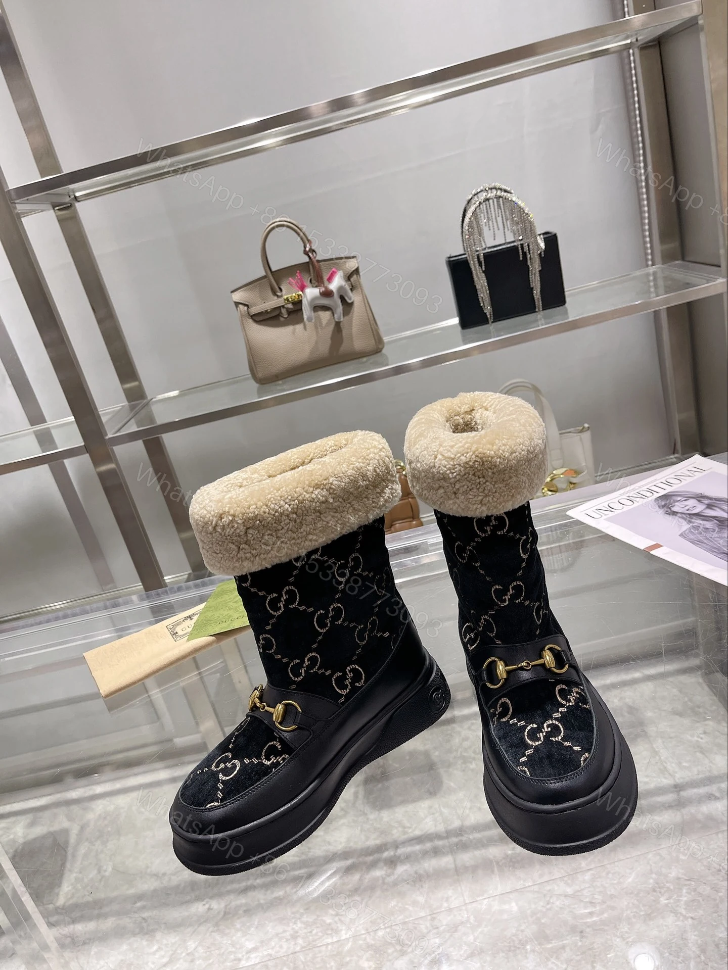 View 3 of GUCCI 1955 HORSEBIT SNOW BOOTS VELVET FABRIC BLACK