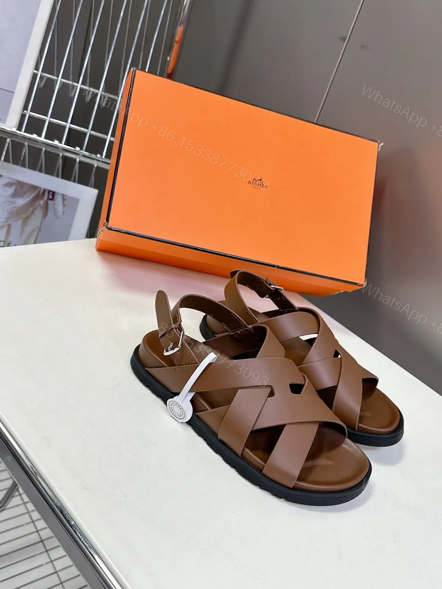 View 4 of Hermes Women Brown Leather Strappy Sandals