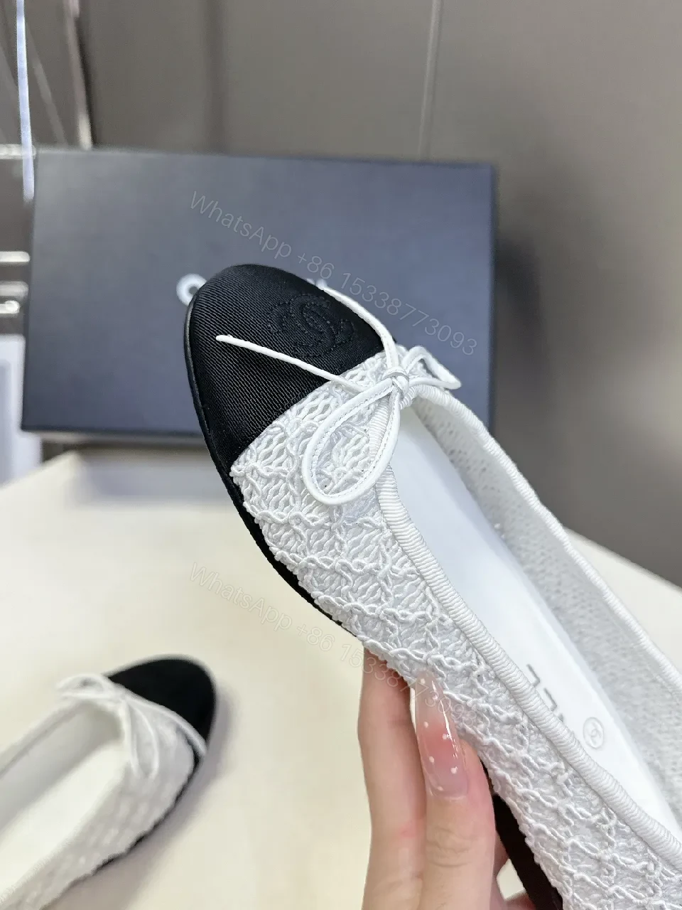 View 9 of White Lace Satin Flats + Black Toe Cap – Luxe Everyday Style