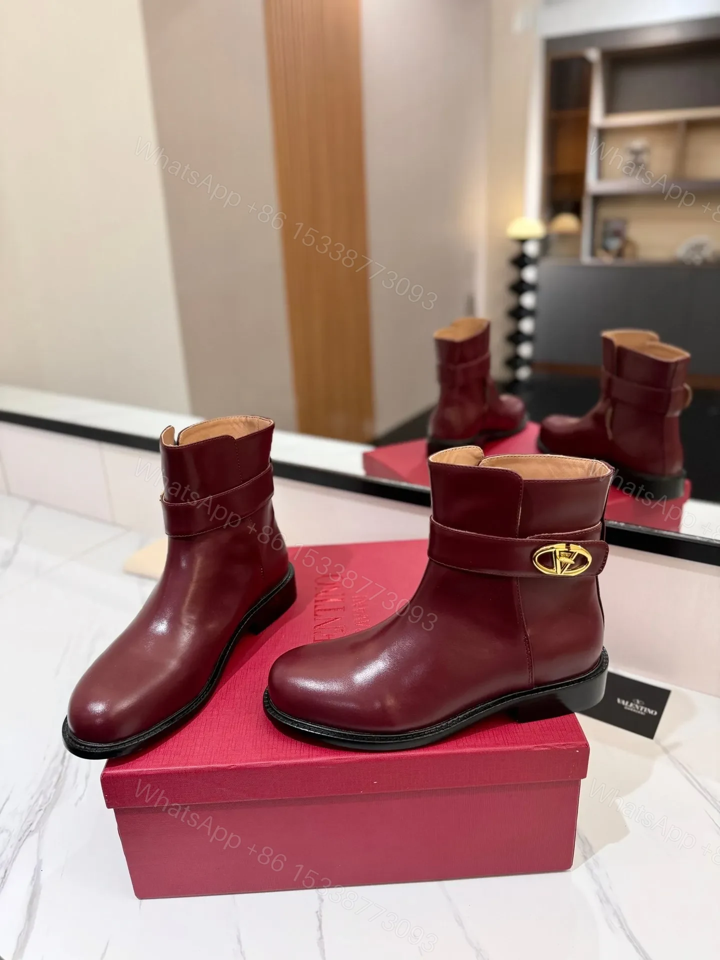View 6 of Valentino Women Burgundy Leather Ankle Boots