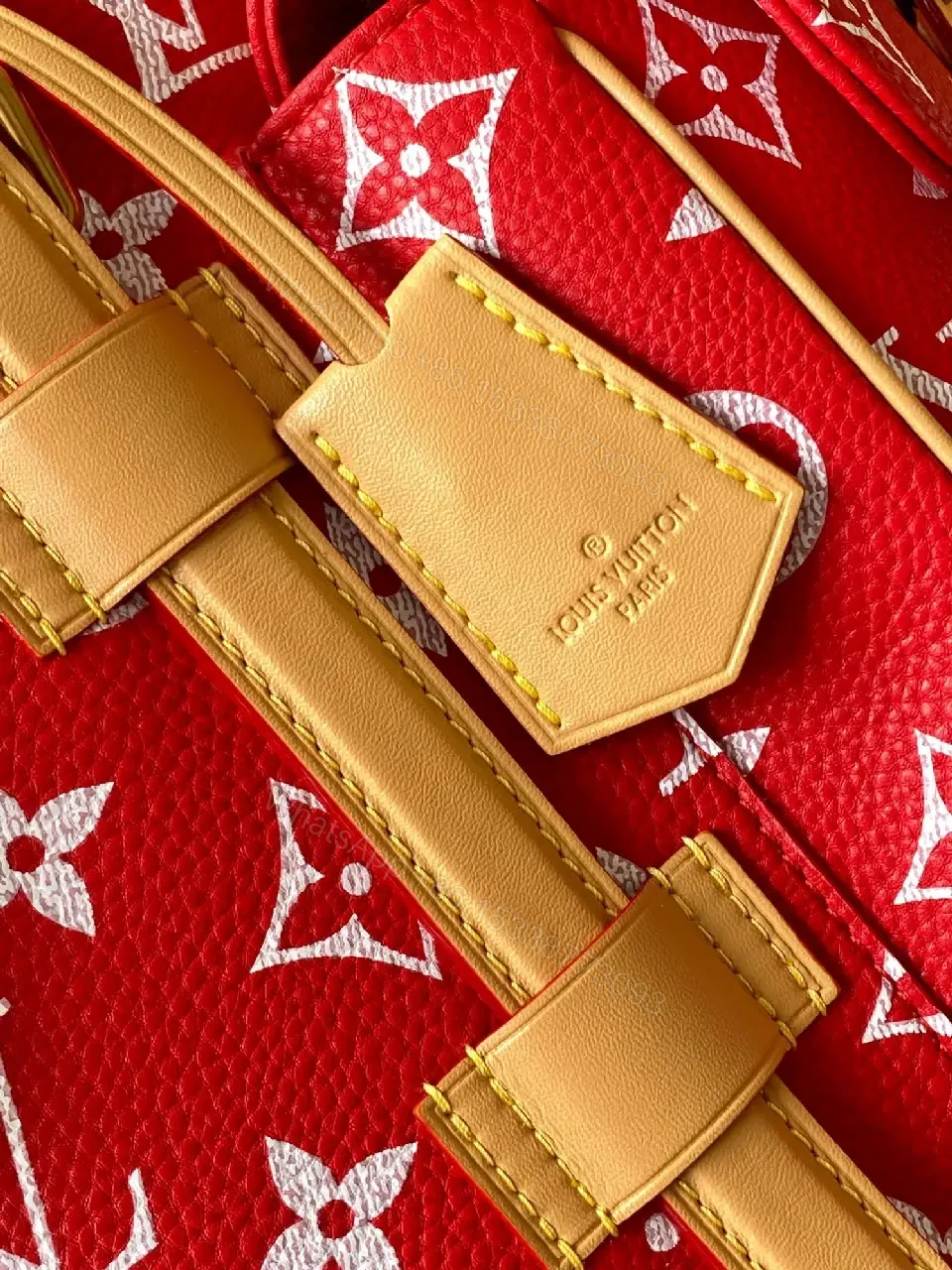 View 3 of Red Knit Luxury Backpack: Monogram Gold Hardware Backpack