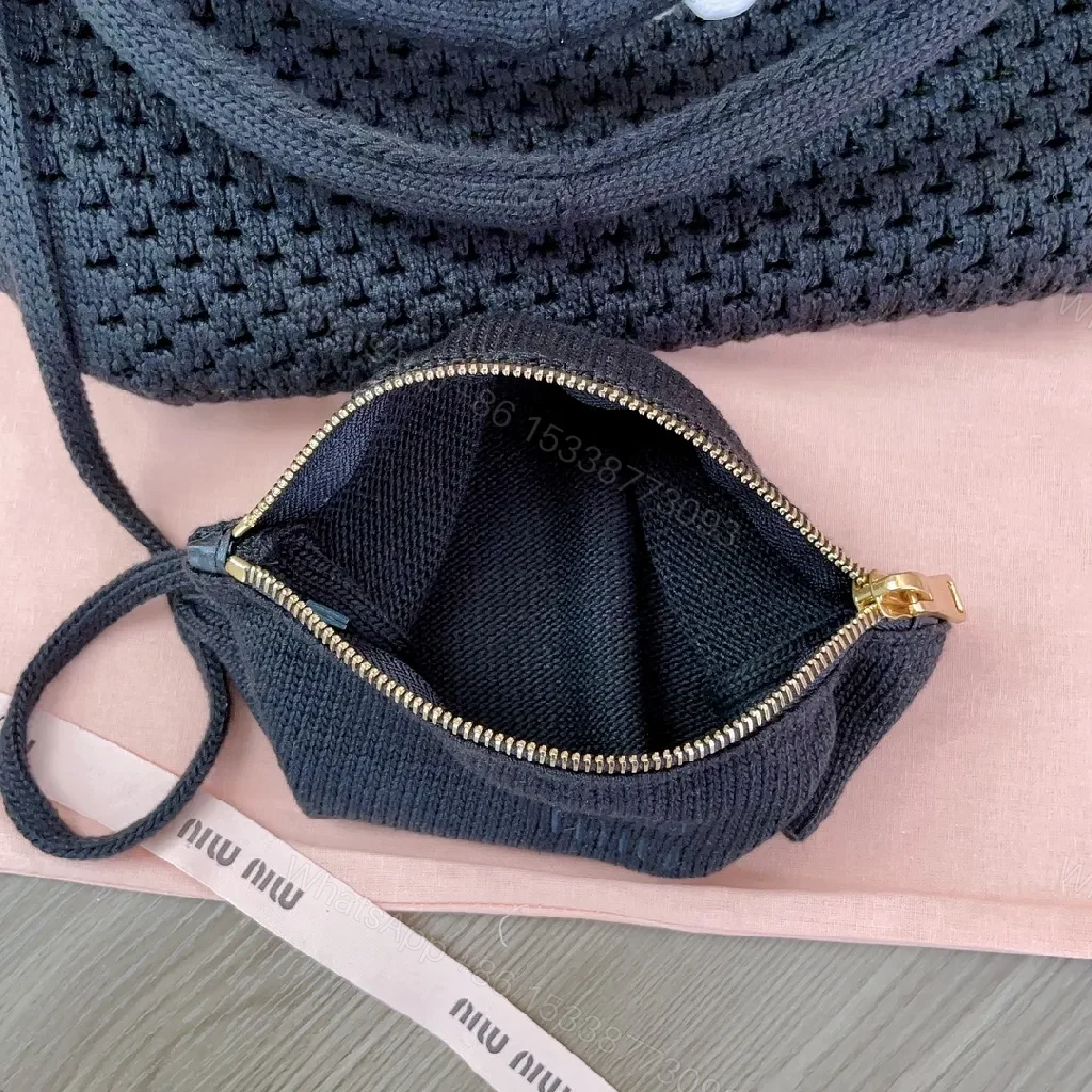 View 4 of Black Crochet Tote, Fine Knit, Minimalist, Logo Embroidery Tote Bag