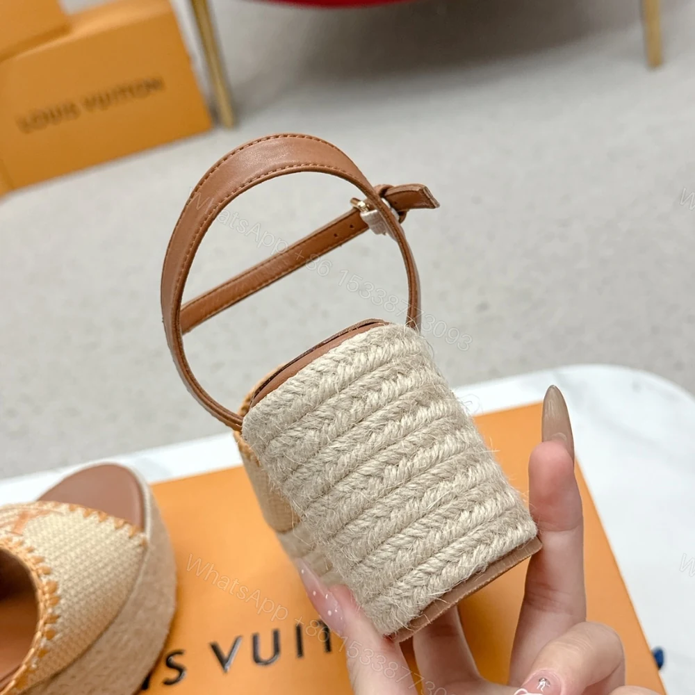 View 5 of LOUIS VUITTON HELIOS WEDGE SANDAL RAFFIA BROWN