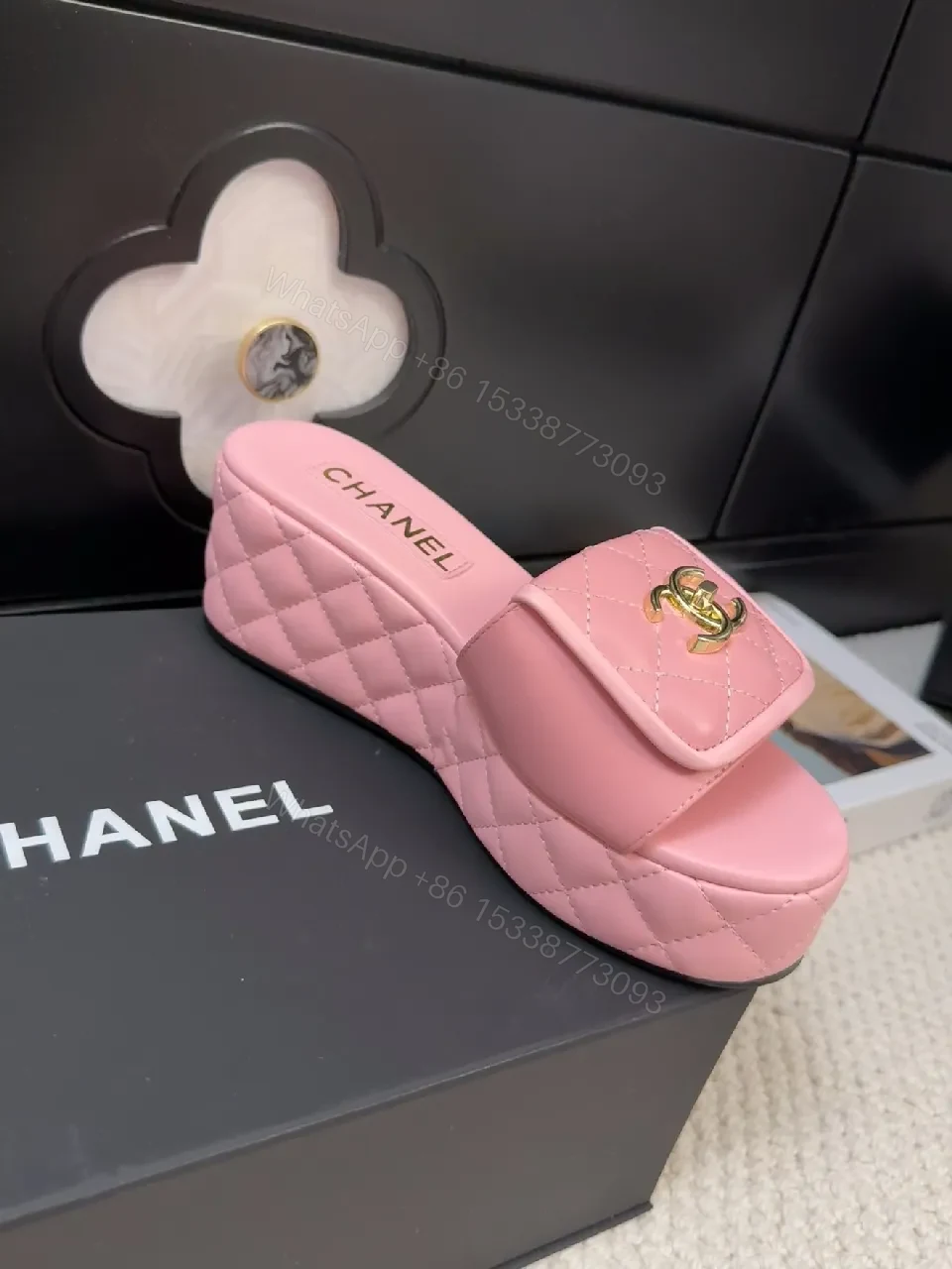 View 3 of Pink Quilted Sandals with Gold Logo: Chic Comfort Sandals