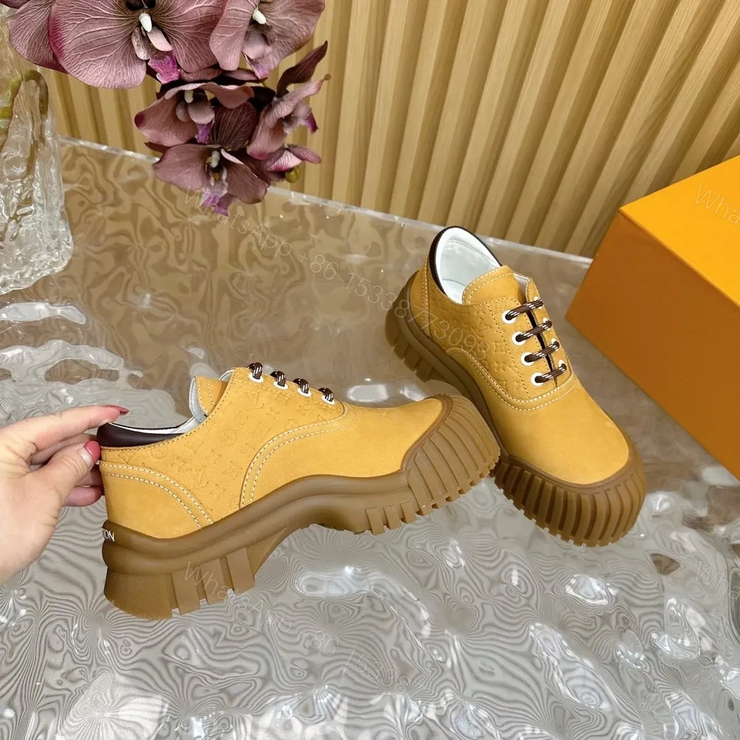 View 6 of LV Women Mustard Suede Lace-Up Sneakers